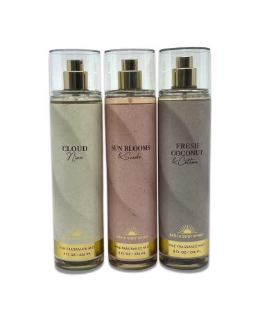 Bath & Body Works Fragrance Mist PACK of 3 Different Mists - CLOUD 9 FRESH COCONUT & COTTON SUN BLOOMS & SUEDE - Special Packaging Design - 8oz EACH - 2023 SPRING & SUMMER NEW SCENTS