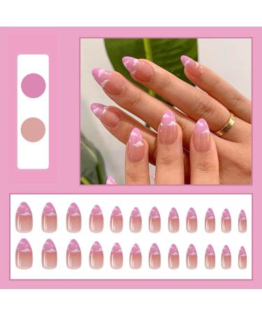 24Pcs Short Almond Press on Nails with Waterdrop & Clouds Design - Glossy Nude Pink False Nails - Reusable Full Cover Glue on Nails for Women Girls - Buy Online on GoSupps.com