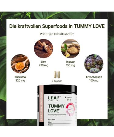 Leaf Tummy Love Capsules - Vegan Nutritional Supplement with Turmeric Cinnamon Ginger & Artichoke | 45 Days Supply | Sustainable Packaging | Made in Germany - Buy Online on GoSupps.com
