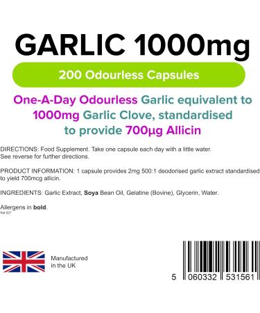 Lindens Garlic 1000mg - 200 Odourless Capsules | Standardised to Provide 700mcg Allicin | 6+ Month Supply | UK Made - GMP Certified - Buy Online on GoSupps.com