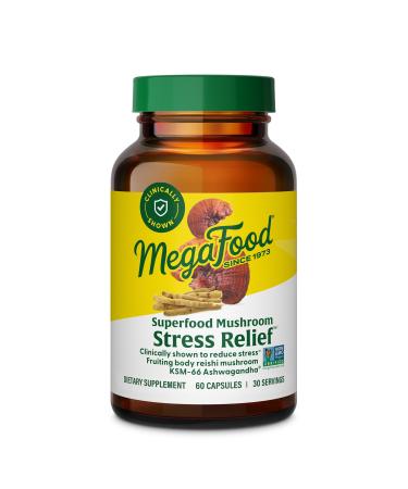 MegaFood Superfood Mushroom Stress Relief - Reishi Mushroom Supplement Clinically Studied to Reduce Stress - Doctor Formulated with Ashwagandha KSM 66 - Vegan Gluten-Free - 60 Capsules 30 Servings