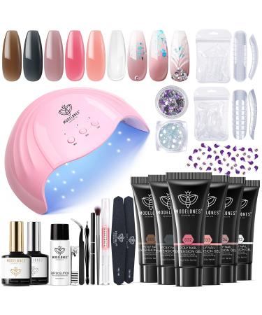 Modelones Poly Extension Gel Nail Kit - 6 Colors with 48W Nail Lamp Slip Solution Rhinestone Glitter All In One Kit for Nail Manicure Beginner Starter Kit DIY at Home Kit Nude
