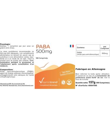 PABA 500mg - 180 Vegan Tablets | 6-Month Supply of Vitamin B10 - Para-Aminobenzoic Acid | Buy Now at Vitamintrend  - Buy Online on GoSupps.com