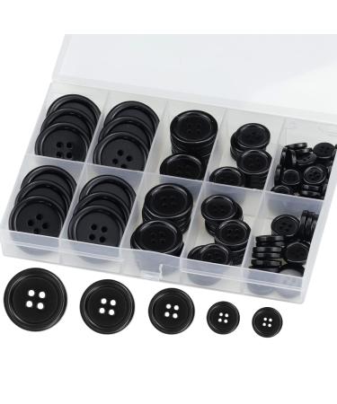 Premium 100 Pcs Resin Sewing Buttons, Eco-Friendly 4-Hole Craft Buttons, 5 Sizes of Black Round Mixed Buttons Suitable for Sewing, DIY and Holiday Decoration