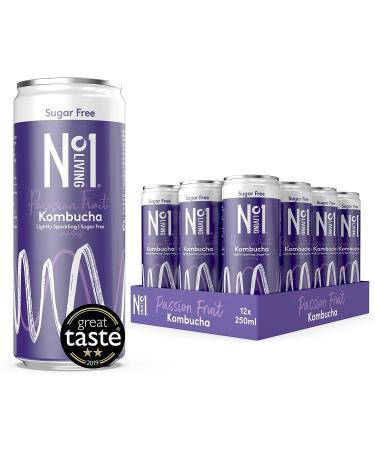 No.1 Living Kombucha Drink 24x 250ml Cans - Passion Fruit - Sugar Free Great Tasting Kombucha with Live Cultures Lightly Sparkling 100% Natural Vegan Passion Fruit & Goji 250 ml (Pack of 24)