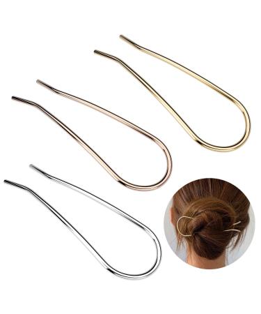HYFEEL Metal Hair Fork 4.6 inch Simple U Shape Updo Hair Sticks Alloy Gold-plated 2 Prong Bun Hair Pins Clips Grips for Women Thick Hair Styling Tool Accessories 3 Pack Gold Rose Gold Silver