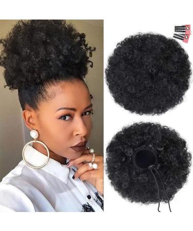 Afro Puff Drawstring Ponytail Extension for Black Women, Premium Black 1B# 80gram Short Synthetic Afro Puff Ponytail for Natural Hair, Clip On Kinky Drawstring Curly Ponytail Bun Natural Black #1B