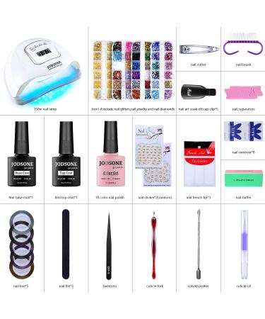 JODSONE Gel Nail Polish Kit with UV Light - 18 Piece Set | 150W Nail Lamp, Base & Top Coat, Glitter, Rhinestone Gems | DIY Manicure Art Gift - Buy Online on GoSupps.com