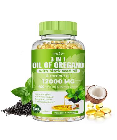 TIMORA 40:1 Oil of Oregano Softgels with Black Seed & Coconut Oil, 300 Count | 3-in-1 Formula for Digestive & Immune Support | Small, Easy-to-Swallow Capsules | Plant-Based, Non-GMO