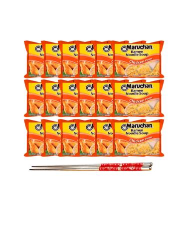 Ja Cor Instant Ramen Noodle Soup Chicken Flavor Noodles 3 oz. Bulk Pack Bundle with 1-Set of Reusable Stainless Steel Chopsticks(18 Individual Packs)
