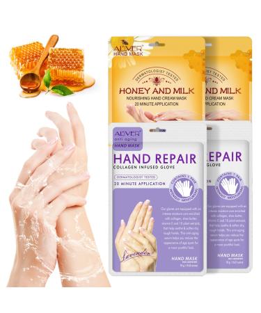 4 pairs of moisturizing peeling hand mask with honey and milk with natural plant extracts collagen brightening & anti-aging repair rougher (honey & lavender)