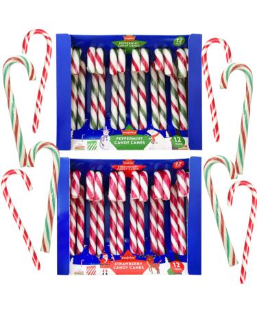 Candy Canes 24 Pcs - Peppermint and Strawberry Flavours - Individually Wrapped Ideal for Christmas Birthday Halloween Easter Party Favours and Stocking Fillers