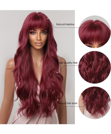 Kellynee Burgundy Wine Red Long Wavy Wig with Bangs - Stylish Heat Resistant Synthetic Hair for Daily Wear and Special Occasions - Buy Online on GoSupps.com