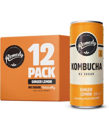 Remedy Raw Kombucha Tea Sparkling Live Cultured Drink Sugar Free Ginger Lemon - 8.45 Oz Pack Of 12