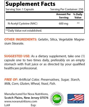 Nova Nutritions N-Acetyl L-Cysteine (NAC) 600mg - 250 Capsules | Non-GMO & Gluten Free - Buy Online on GoSupps.com