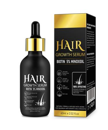 5% Minoxidil Hair Growth Serum for Men Women - Biotin - Natural Hair Beard Regrowth Treatment - Stronger Thicker Fuller Hair - Damaged Scalp Hair Treatment - 2.02 Fl.Oz Black