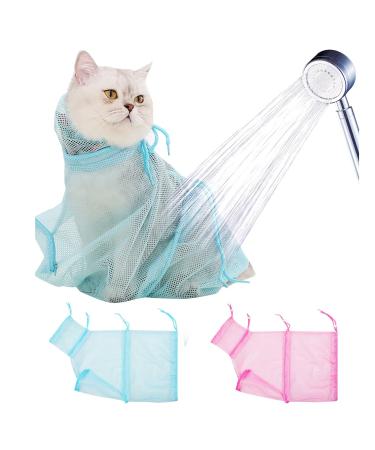 HUKUNY Cat Bathing Bag, Multifunctional Cat Shower Net Bag Adjustable Breathable Mesh Anti-bite & Scratch Grooming Bag for Cat & Little Dog, Injecting Examining Nail Trimming Cat Bag Large - Blue