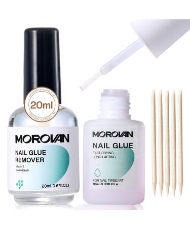Morovan Nail Glue with Glue Remover Kit: 10ML Super Strong Nail Glue for Press Ons Fake Nails 20ML Quickly Nail Glue Remover for Press On Nails Acrylic Nails Tips