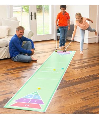 HearthSong Shuffle Zone Shuffleboard Family Game with 13 Foot Oxford Mat, Two Cues, and Eight Rolling Pucks