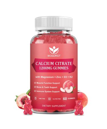 Calcium Citrate 1200mg Gummies with Vitamin D3 K2 - Chewable Calcium Magnesium Zinc d3 Supplement with Sea Moss Extract for Bone, Teeth, Immune Support for Women & Men, White Peach Flavor - 60 Gummies Peach 60 Count (Pack o