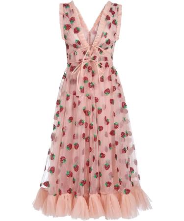 UIKMNh Teen Girls Glitter Strawberry Tea Dress - Sleeveless V-Neck Summer Dress (Strawberry Pink, Small) - Buy Online on GoSupps.com