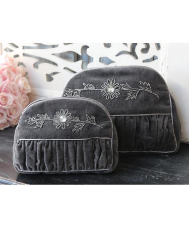 Chic Antique Velvet Cosmetic Bag - Pearl Embroidery Shabby Vintage Makeup Bag - Small Grey with Zipper - International Shipping Available - Buy Online on GoSupps.com