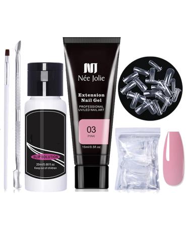 Poly Nail Gel Kit Gel Extension Nail Kit Starter Kit 15ML Clear Builder Gel With Slip Solution & Nail Forms Tips All-in-one Nail Gel Kit Nail Art Design for Beginner (Pink)
