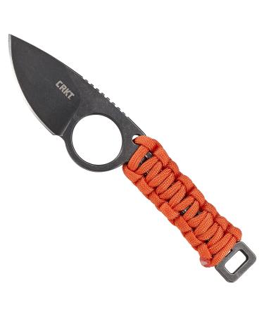 CRKT Capflying knife EDC: Everyday Carry solid blade drop point knife with black stonewash surface orange handle with wrapped cord vagina 2415