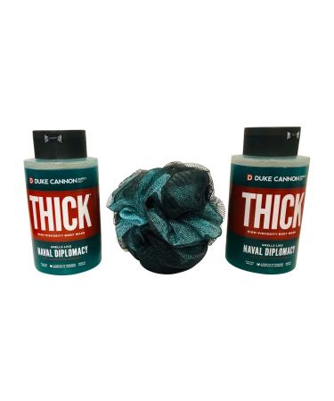 Duke Cannon Supply Co. THICK High-Viscosity Body Wash for Men Bundle: Smells Like Naval Diplomacy  17.5 Fl Oz (2 bottles) + Color coordinated bicolor Loofa
