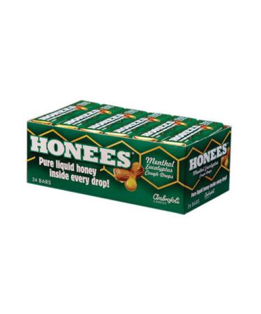 Honees Filled Menthol Cough Drops Honey Menthol & Eucalyptus Cough Drops- Natural Sore Throat Relief - Nothing Artificial -Throat Lozenges Non-GMO Gluten Free (24 Pack 216 Drops)