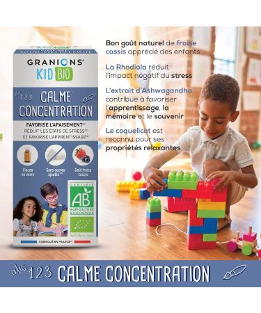 GRANIONS Organic Quiet Concentration Kid Certified Triple Action: Soothes Stress + Promotes Learning Lemon Balm + Poppy Strawberry and Blackcurrant Flavor 125 ml French Brand - Buy Online on GoSupps.com