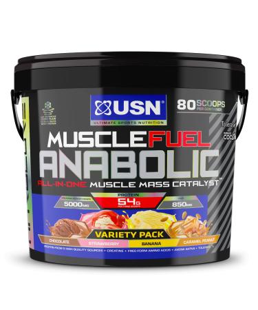 USN Muscle Fuel Anabolic Variety (Chocolate Strawberry Banana Caramel Peanut) All-in-one Protein (4kg): Workout-Boosting Protein Powder for Muscle Gain - New Formula Variety 2 (Caramel Peanut) 4 kg (Pack of 1)