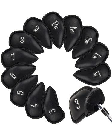 Golf Iron Covers Set 12pcs, PU Leather Golf Club Covers Black, Waterproof Durable Golf Club Head Covers One Side Embroidery for Right Handed, Fits Most Irons