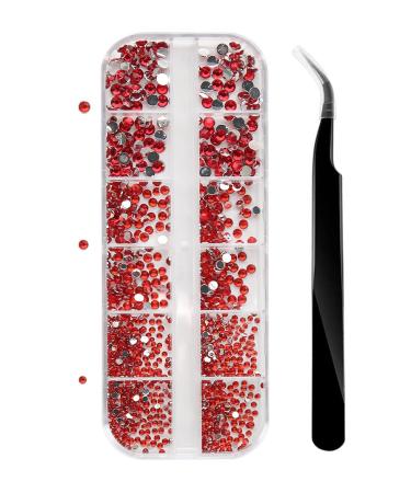 Nail Gems Flat Back Crystal Rhinestones with Pick Up Tweezer for Nail and Face Art Craft Decoration 1500Pcs 3 Sizes Red