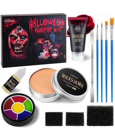 Special Effects Halloween Makeup Set Afflano Nose & Scar Wax 60g+Coagulated Blood+Stipple Sponge*3+Wax Spatula+Skin Wax Extension Oil Festival Stage Theatrical Wound Modeling Scar-for Adult/Kid-12 Kit