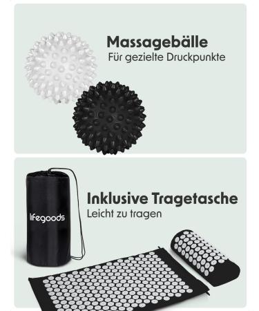 Lifegoods Acupressure Mat with Pillow - Battery-Operated Massage & Acupuncture Mat for Back Pain Relief - Black & White Design - Buy Online on GoSupps.com