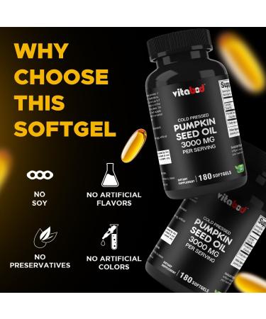 Vitabod Cold Pressed Pumpkin Seed Oil 3000mg per Serving - 180 Softgels - Non-GMO & Gluten Free - Buy Online on GoSupps.com