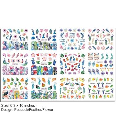 Peacock Nail Sticker Decal Set - 12 Pcs Colorful Blue Purple Leaf Flower Designs for Holiday Nail Art - DIY Nail Decoration for Women and Girls - Buy Online on GoSupps.com