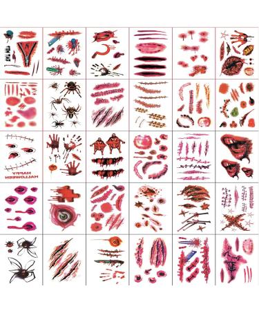 30 Sheets 3D Halloween Temporary Makeup Tattoos Fake Scars Bloody Scar Waterproof Fake Blood Sticker Realistic Bloody Wound Horror Body Face Decals Prank Props for Cosplay Party Supplies Props