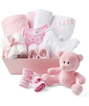 Baby Box Shop Personalised Baby Gift Set - 12 Essentials + 3 Personalised Gifts for Newborn Baby Girl - Pink Hamper Basket - Buy Online on GoSupps.com
