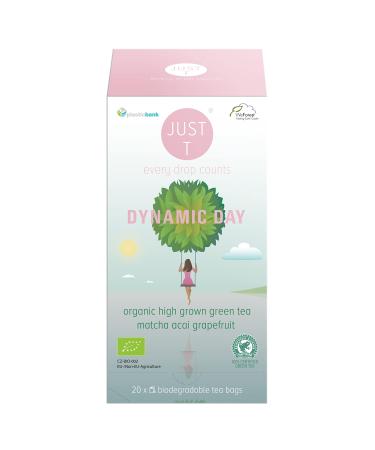 JUST T Dynamic Day Premium Double Chamber Tea Bag (20 pcs) | Organic Green Tea Blended with Acai and Grapefruit | Biodegradable Premium Organic Tea Bags High-Grown Leaf Tea for All Tea Lovers Dynamic Day 20 Pcs (Double Chamber Bag)