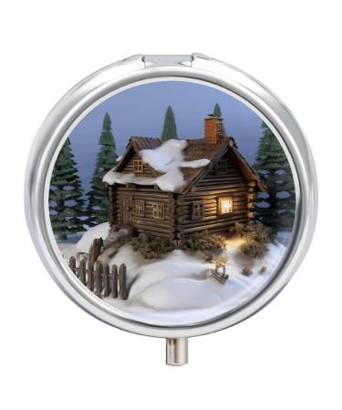Pill Box Pill Case 3 Compartment Travel Pill Box Wooden Rustic Log Cottage Scenery Printing Small Pill Box Portable Medicine Pill Case Pill Organizer for Purse & Pocket for Travel Handbag (Round)