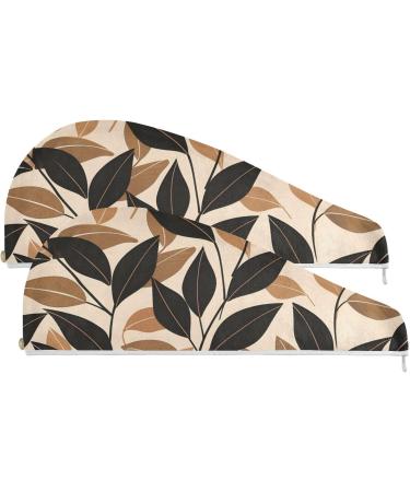 Black Brown Leaves Hair Towel 2 Pack - Super Absorbent Quick Dry Hair Turbans for Women & Girls - Buy Online on GoSupps.com