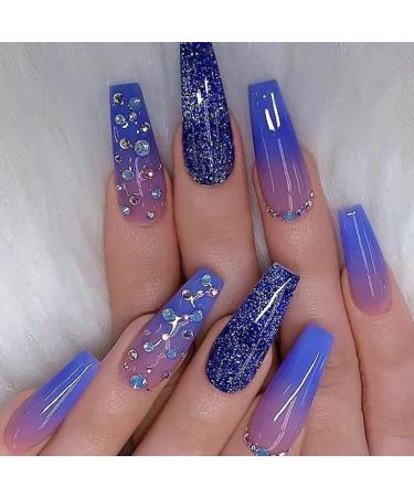 IMSOHOT Coffin Press on Nails Long Gradient Purple Fake Nails Acrylic Glitter Diamond False Nails with Deisgns Blue Ballerina Glue on Nails for Women C-002