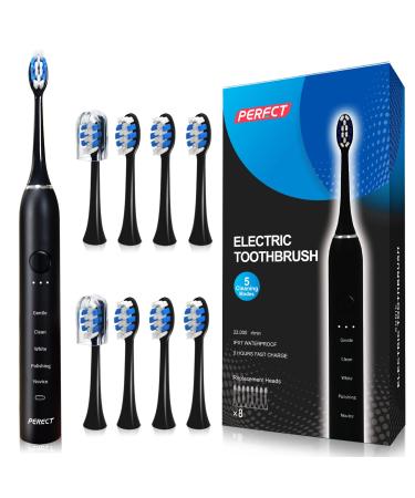 PERECT Sonic Electric Toothbrush for Adults, Rechargeable Electric Toothbrush with 8 Replacement Brush Heads, 1 Charge for 30 Days, 5 Modes 3 Intensities, Smart Timer, Black