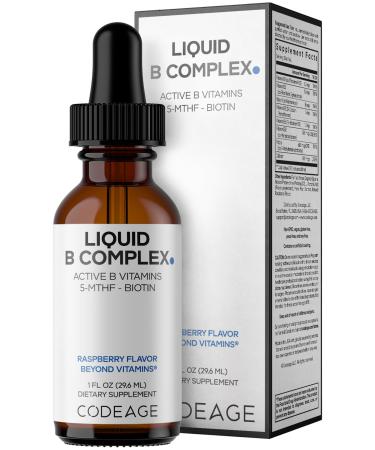 Codeage Liquid B-Complex Supplement with 8 Forms of Vitamin B - Vitamin Thiamine B1 Riboflavin B2 B3 B5 B6 Biotin B7 Active Methylated B9 Folate & B12 - Raspberry Flavor - Non-GMO - 1 fl oz