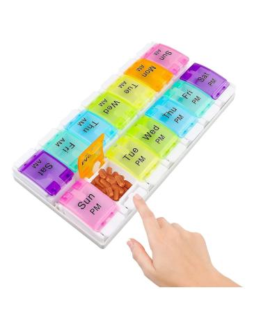 Weekly Pill Box Organiser Portable Weekly Tablet Box Organiser with Unique Push Buttons Pop Open Design 7 Day 2 Times AM PM Large Medical Organiser for Work Travel Home