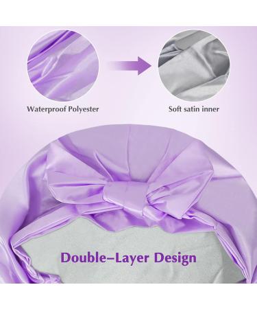 Arqumi Reusable Shower Cap with Ribbon Bow | Waterproof Double-Layer Bath Cap for Women Men | Large Elastic Hair Bonnet for Long Thick Hair - Purple C Shower Cap - Buy Online on GoSupps.com