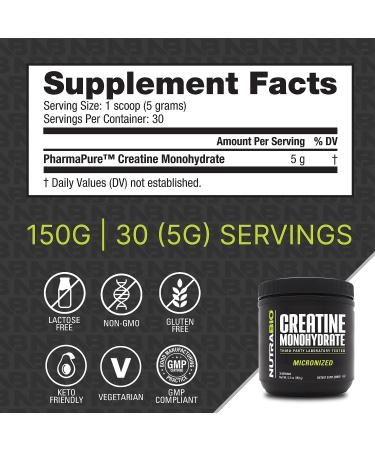 NutraBio Micronized Creatine Monohydrate - 150g Unflavored - Muscle Energy and Strength Support - HPLC Tested - 5.3oz Pack - Buy Online on GoSupps.com
