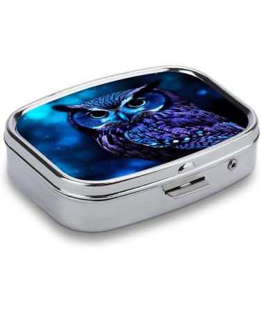 Blue Owl Print Pill Box - 2 Compartment Portable Medicine Organizer | Decorative Metal Pill Case for Pocket or Purse - Buy Online on GoSupps.com